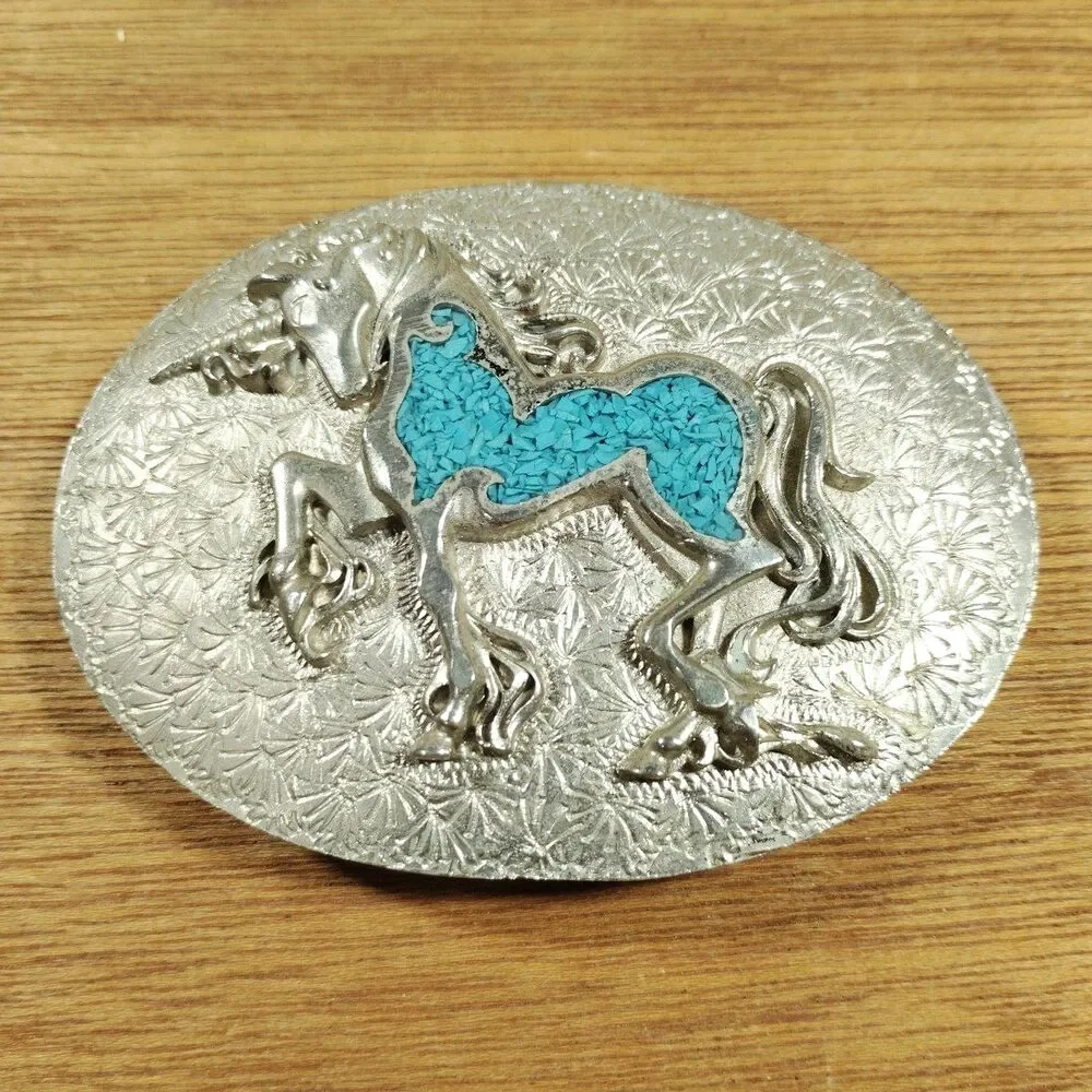 Vintage Unicorn Turquoise Chip Inlay Oval Belt Buckle Silver Tone Mystical Magic